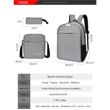 Kit 3 Peças Mochila Estojo Bolsa Lateral Unisexx Confortável Versátil E Grande Capacidade