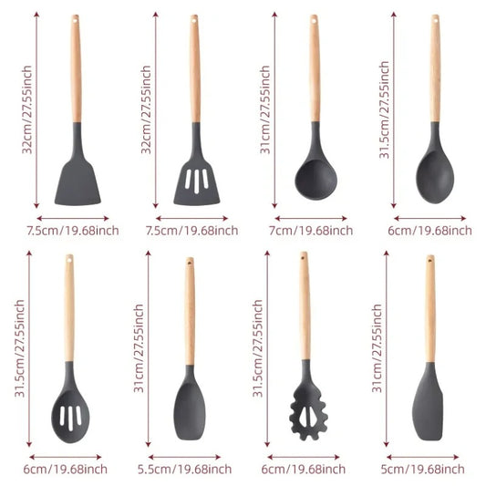 KIT Cozinha Conjunto com 12 peças Jogo de Utensilio Culinário cabo de Madeira Antiaderente