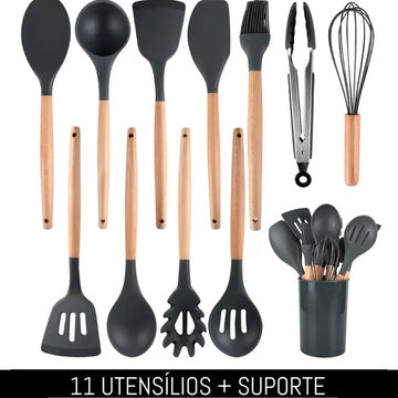 KIT Cozinha Conjunto com 12 peças Jogo de Utensilio Culinário cabo de Madeira Antiaderente